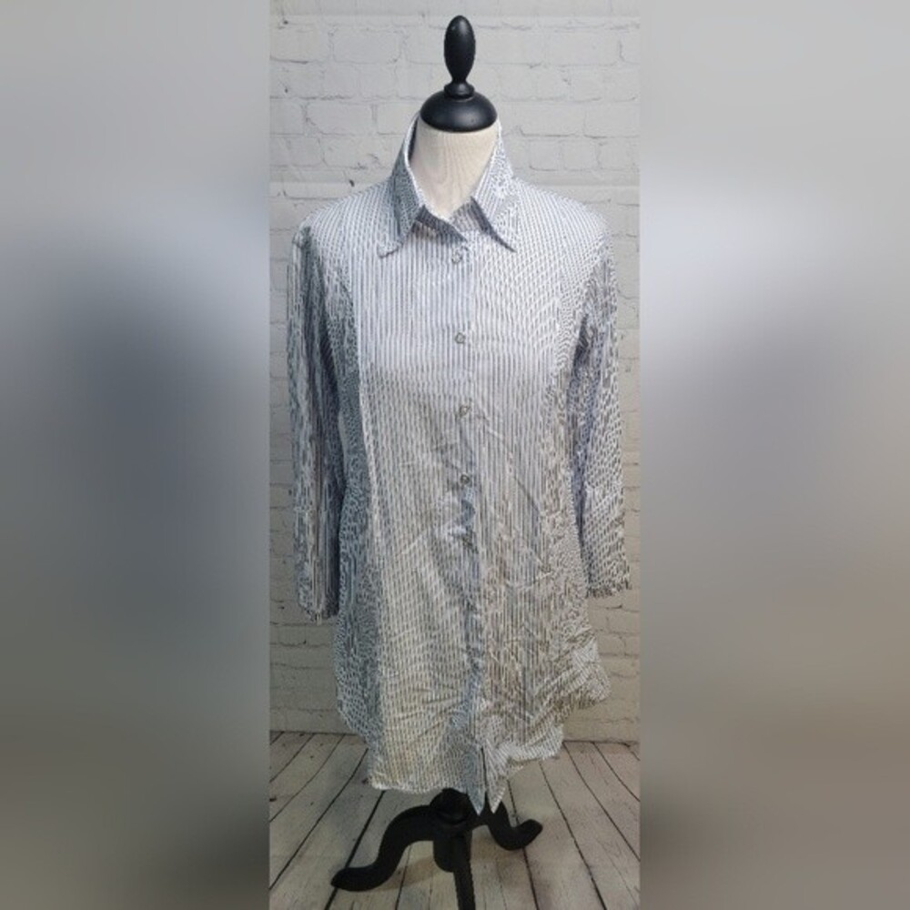 Vintage Bell Women's Tunic Blue White Strip Button Down Top Sz 6 USA Old Money